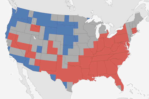 Map of observed temperature patterns across the Lower 48 U.S. States in winter 2014-15