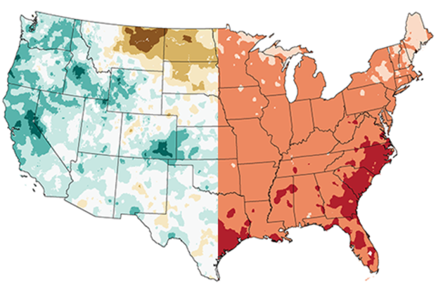 Map of year-to-date (January-July 2017) temperature and precipitation ranks for the contiguous United States