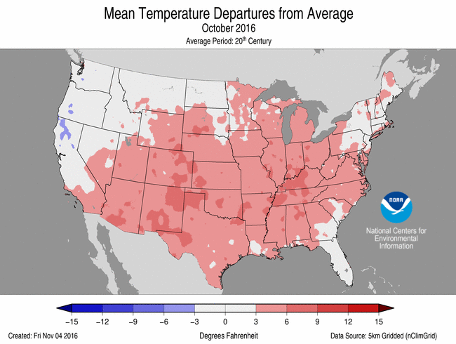 U.S. temperature versus normal for October 2016 Temperature versus Normal for October 2016
