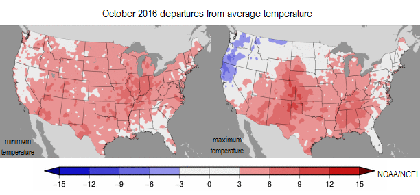 October 2016 departure from average temperature for minimum temperature and maximum temperature October 2016 departure from average temperature for minimum temperature and maximum temperature