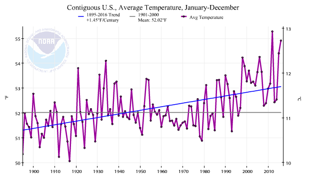 Timeseries depicting the annual average temperature for the contiguous United States for each year from 1895 through 2016, with a linear trend superimposed