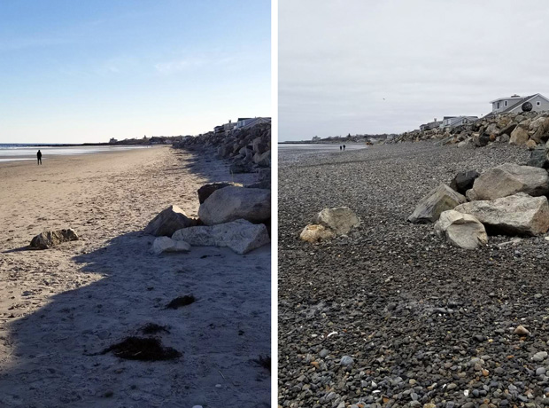 Before and after photo of Jenness Beach, NH, following winter storms in March 2018