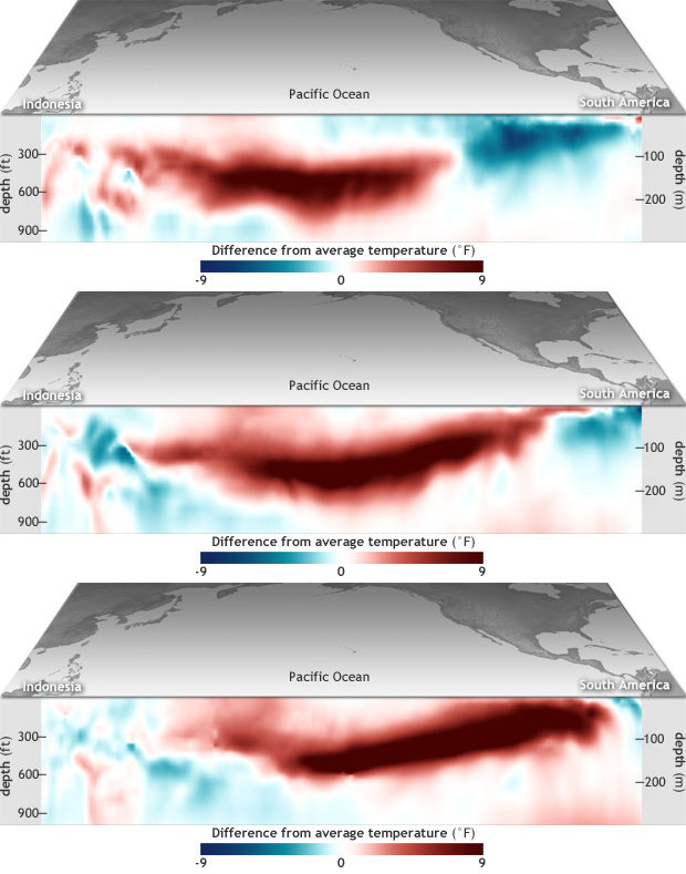 Slow slosh of warm water across Pacific hints El Niño is brewing
