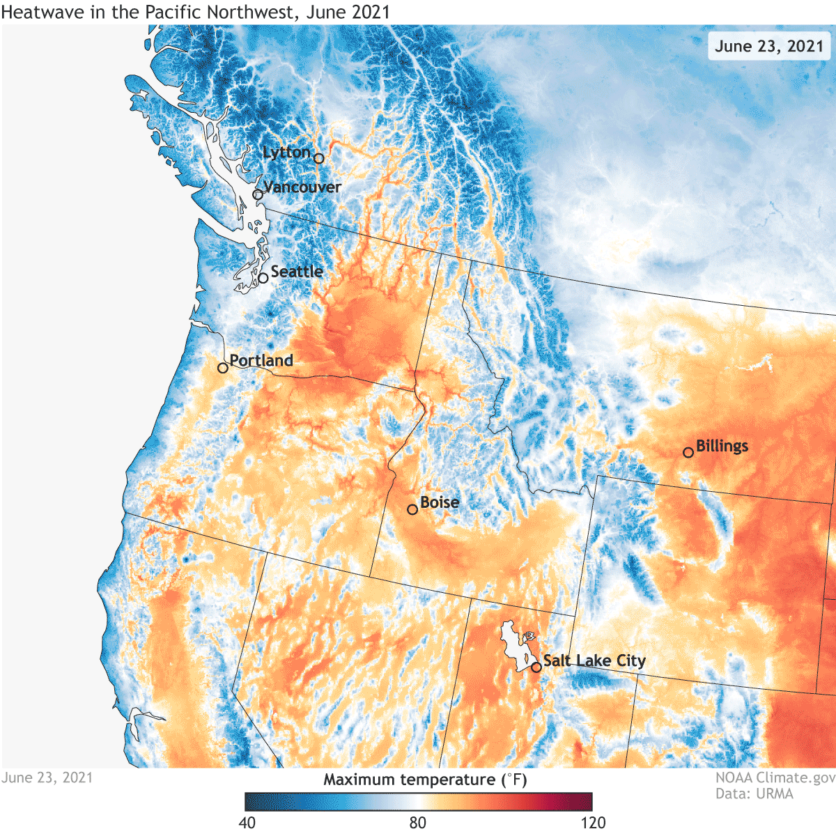 animated gif of maps of daytime high temperatures in the Pacific Northwest