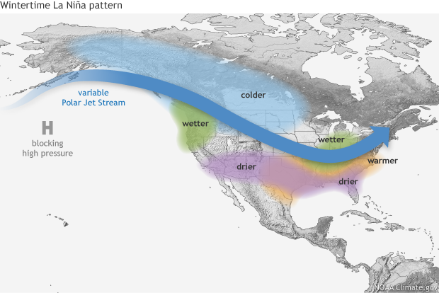Map illustrating typical wintertime La Niña pattern for North America