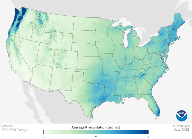 Map of October Average Precipitation 1991-2020