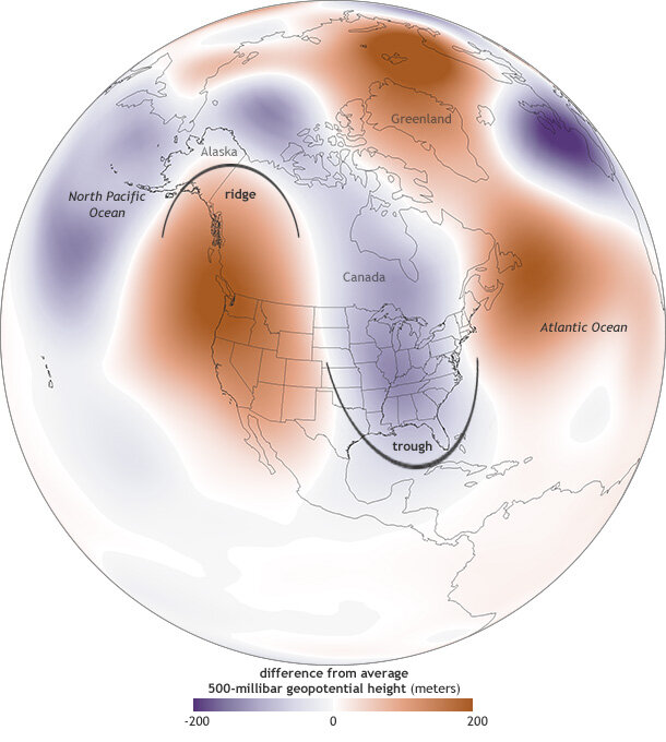 Map showing diifference from average pressure at 500 millibar (mb) pressure level January 14-21, 2014