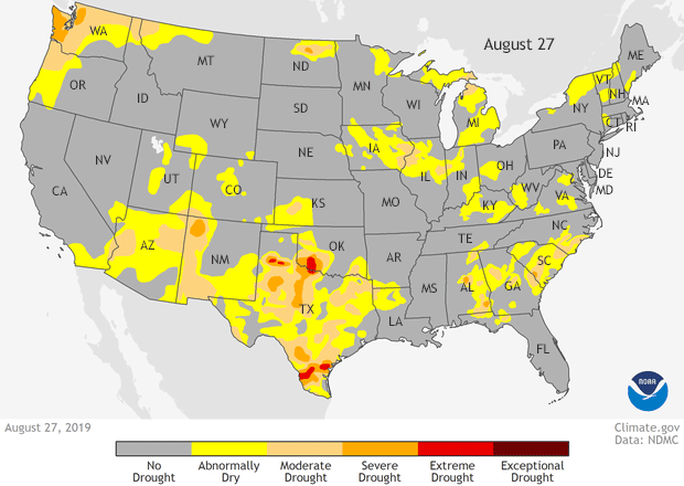 Animation of drought conditions across the United States from the U.S. Drought Monitor from August 27 to October 1, 2019.The severity of drought conditions increases from yellow (abnormally dry) to light orange (moderate) to orange (severe) to red (extreme) to, finally, maroon (exceptional). Climate.gov map, based on data from the National Drought Monitor project.