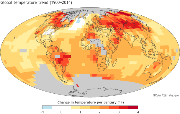 global map of temperature trends from 1900-2014
