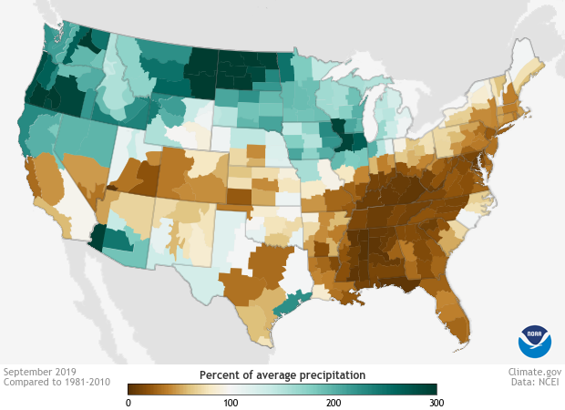 Percent average precipitation CONUS USA September 2019. Brown areas refer to areas with below-average amounts of precipitation while green-blue represents areas with above-average monthly precipitation. Climate.gov image using data from the National Centers for Environmental Information (NCEI).
