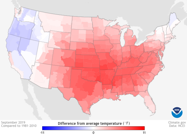 Temperature anomaly (°F) map CONUS 201909. Reds refer to areas with above-average temperatures while blues refer to areas with below-average temperatures. Climate.gov image using data from the National Centers for Environmental Information (NCEI).