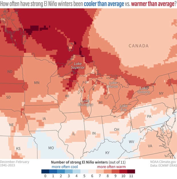 map of El Nino and Great Lakes region temperature