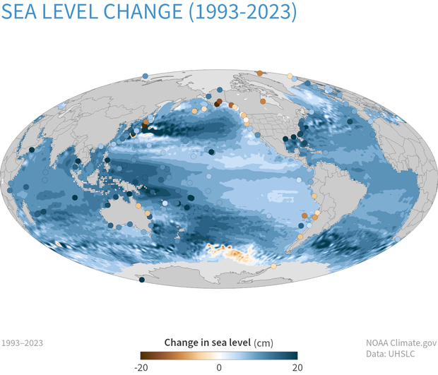 Global map of sea level rise since 1993