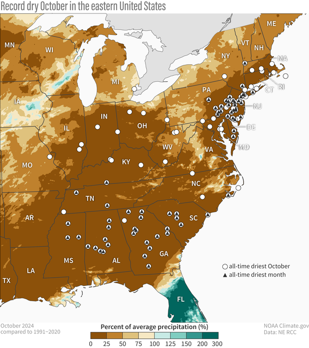 Driest October 2024 map of eastern US