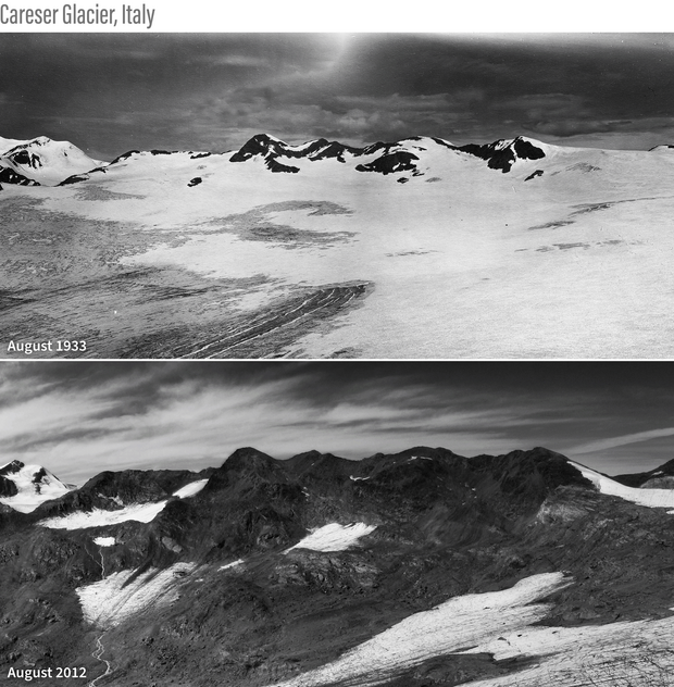 Timelapse photos showing Careser Glacier in 1933 and 2012