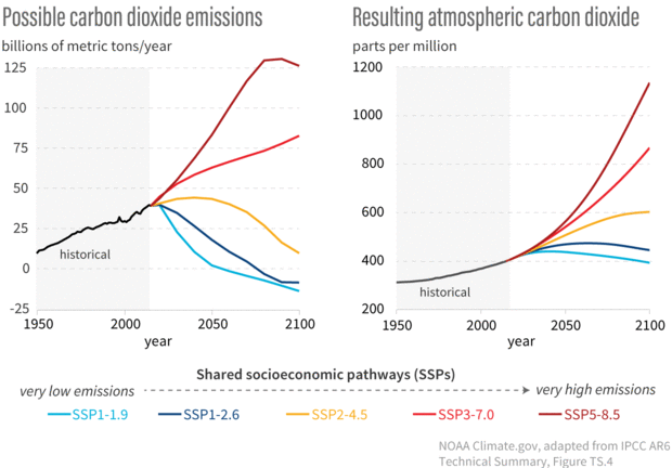 Two graphs with colored lines showing (left) past and different future annual carbon dioxide emissions with diffrent socioeconomic pathways and (right) past and future atmospheric carbon dioxide amounts for those pathways