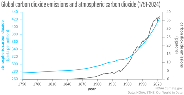 line graph showing human carbon dioxide emissions (gray line) and the resulting atmopsheric carbon dioxide amount (blue line)