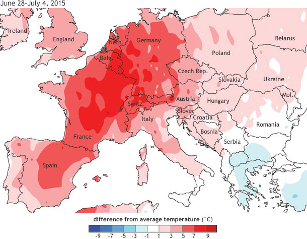 Map showing average temperature anomalies (°C) for Europe during June 28-July 4, 2015 based on preliminary global weather station data