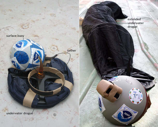 compressed drifter and drifter with nylon drogue fully extended