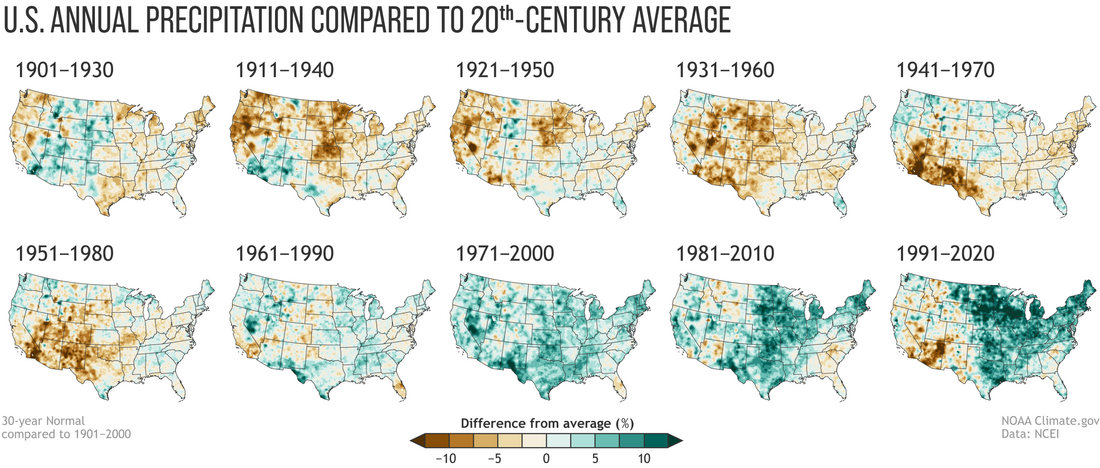 two rows of small maps showing normal U.S. precipitation during the 10 "Normals" eras of the past century