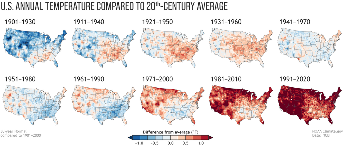 two rows of small U.S. maps showing annual temperature compared to the 20th century average over the 10 "normals" eras since 1900