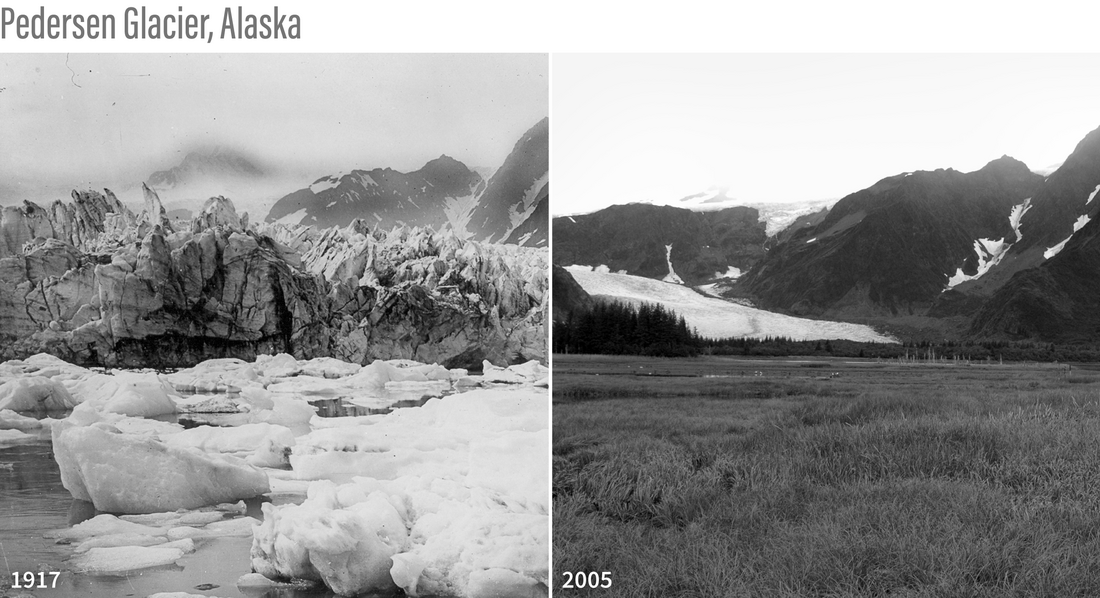 Black and white photos of same glacier in 1917 and 2005